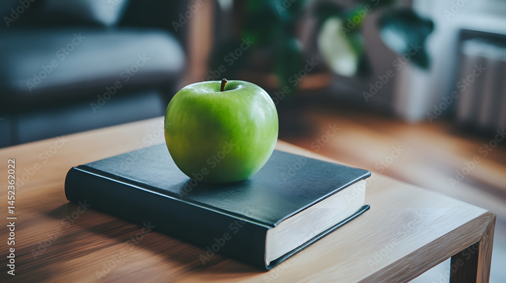 Dark green apple on modern hardcover book placed neatly on smooth table in softly lit room with simple decor, evoking stillness, learning, and minimal living in calm interior