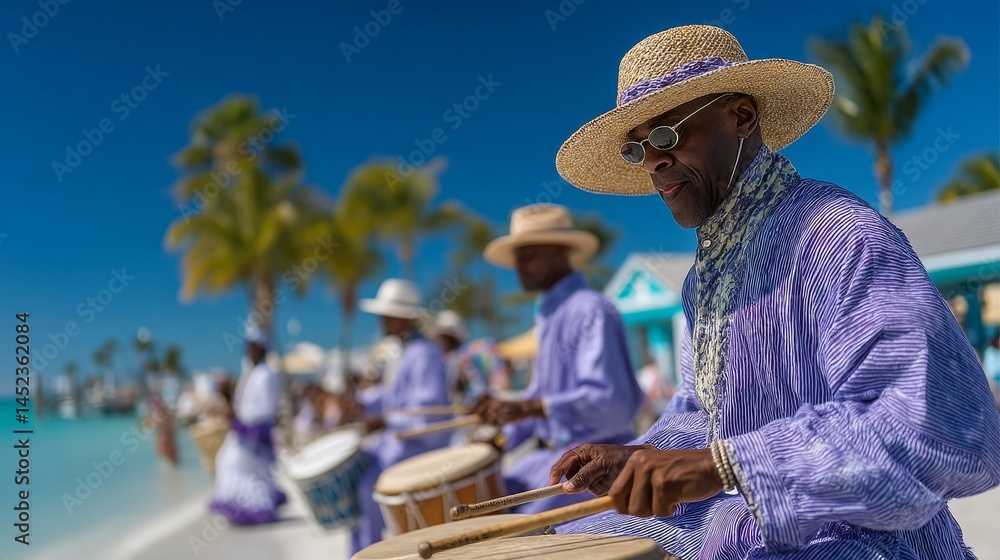 Fototapeta premium Drummers in Traditional Attire Playing Music on Tropical Beach