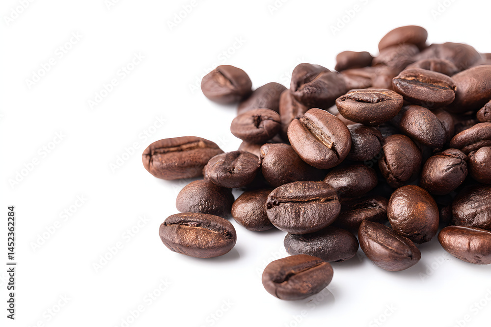 Naklejka premium Freshly roasted coffee beans displayed on a clean surface ready for brewing a flavorful drink