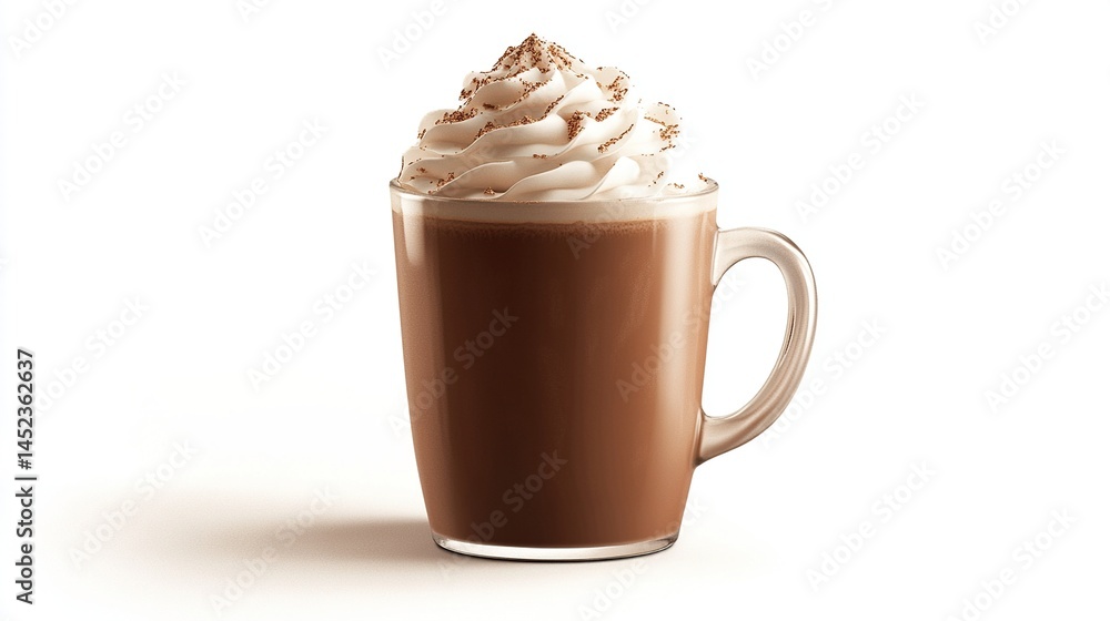 Creamy, rich hot chocolate in a glass mug, topped with whipped cream and cocoa powder Creamy, rich hot chocolate in a glass mug, topped with whipped cream and cocoa powder