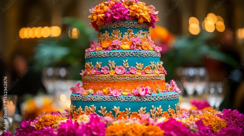 Naklejka premium A stunning wedding cake stands tall, decorated with bright flowers and intricate designs, serving as the centerpiece for a joyful celebration. The setting exudes warmth and festivity