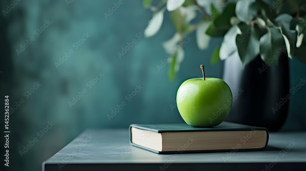 Dark green apple on modern hardcover book placed neatly on smooth table in softly lit room with simple decor, evoking stillness, learning, and minimal living in calm interior