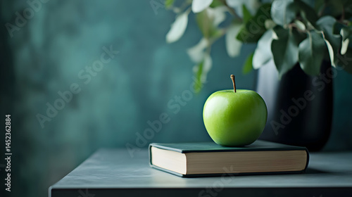 Obraz na płótnie Dark green apple on modern hardcover book placed neatly on smooth table in softly lit room with simple decor, evoking stillness, learning, and minimal living in calm interior w salonie