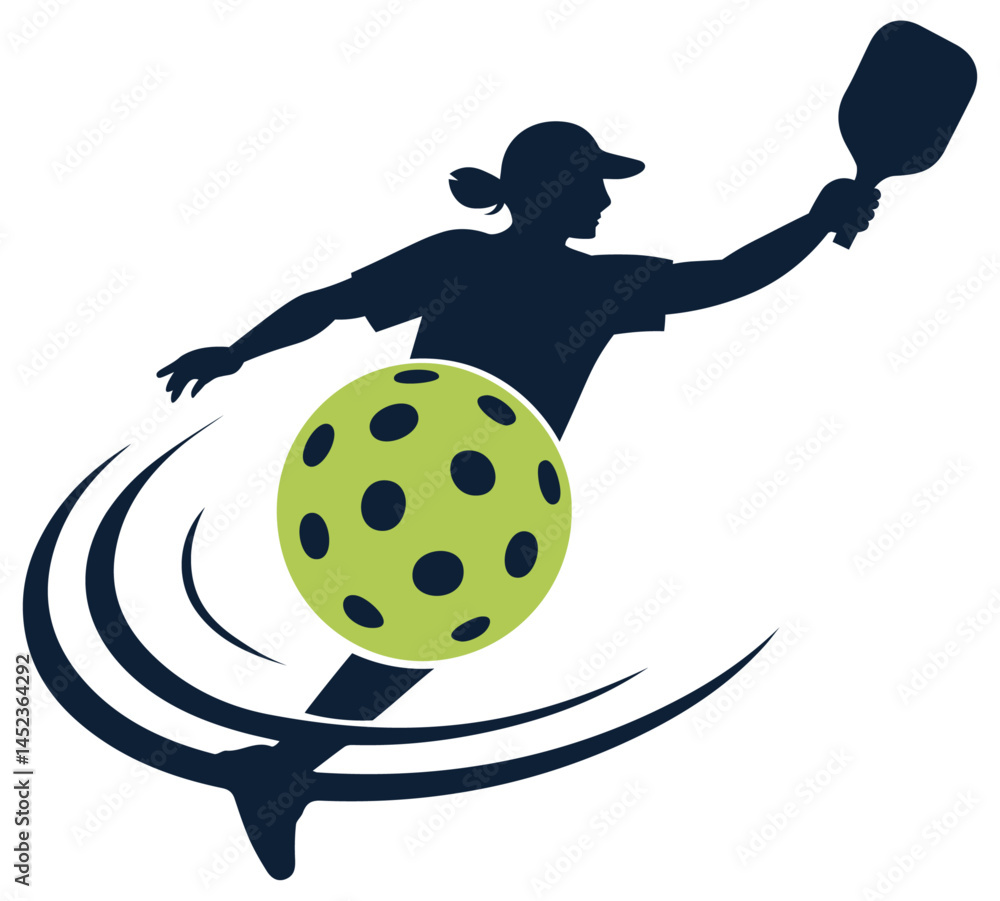 Silhouette of female pickleball player with ball and motion trails