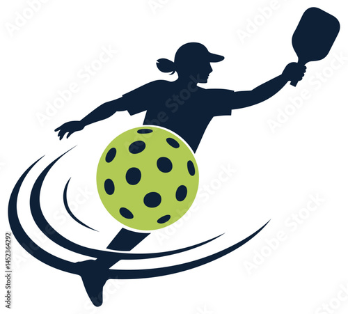 Silhouette of female pickleball player with ball and motion trails