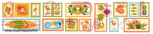 Tropical summer stamp, exotic travel postal sticker set, Hawaii island fruit vintage postcard print. Vacation mail retro graphic fruit silhouette illustration, tourism postage collection. Summer stamp