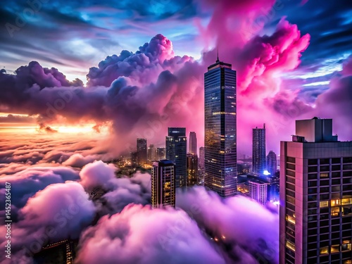 Pink & Purple Thunderstorm Night Cityscape - Foggy Skyscrapers Stock Photo