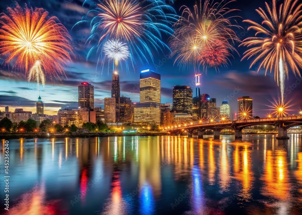 Portland Fireworks Macro Photography: Vibrant City Skyline & River at Night Portland Fireworks Macro Photography: Vibrant City Skyline & River at Night