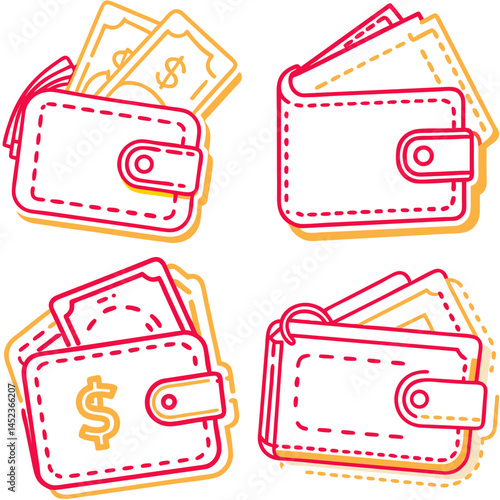 Colorful Wallet Icons with Money Inside on White Background - Set of Four Distinct Designs