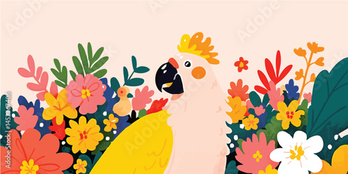A vibrant, hand-drawn illustration of a charming cockatoo nestled amidst a profusion of colorful blooms, its bright plumage and cheerful demeanor radiates warmth.