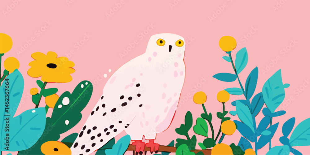 custom made wallpaper toronto digitalAn illustration featuring a majestic snowy owl perched amongst vibrant floral elements, it evokes a sense of serenity and whimsical charm.