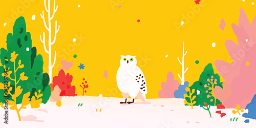 An illustrated Snowy Owl, perched majestically in an illustrated winter wonderland, brings a sense of calm and tranquility. Its focused gaze draws you into a world of winter beauty. 