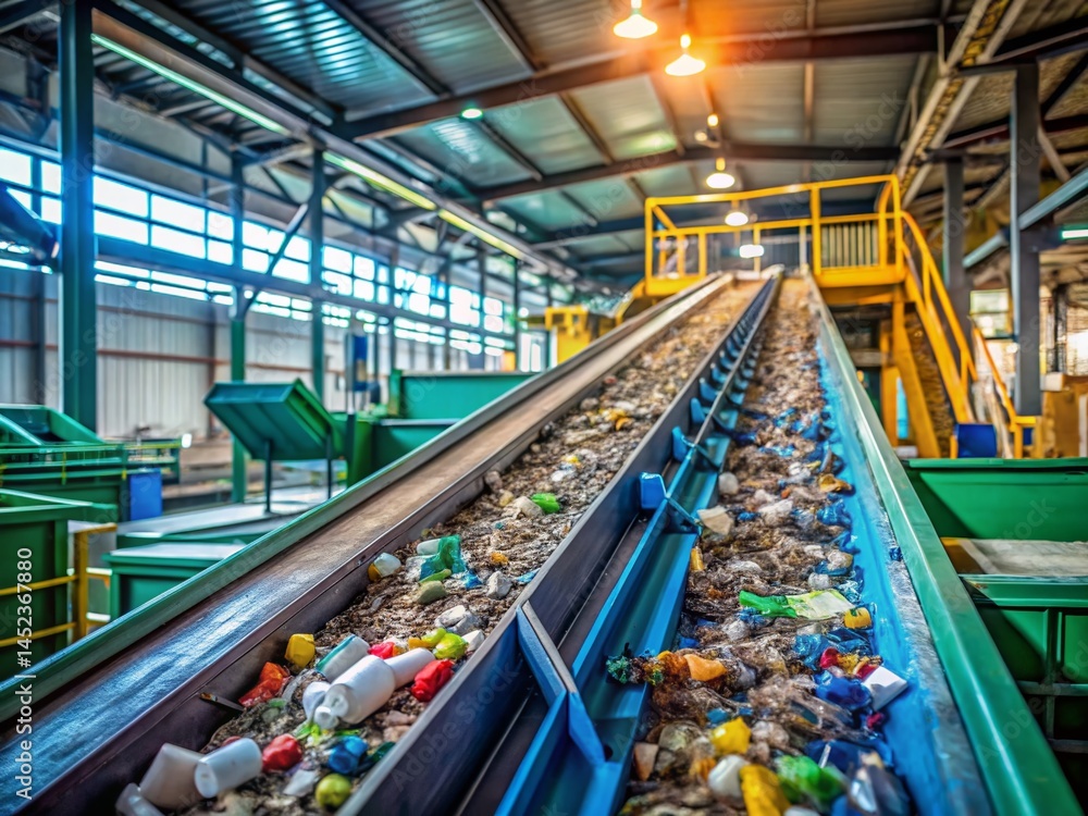 Recycling Facility Conveyor Belt: Sorted Materials Close-Up Stock Photo