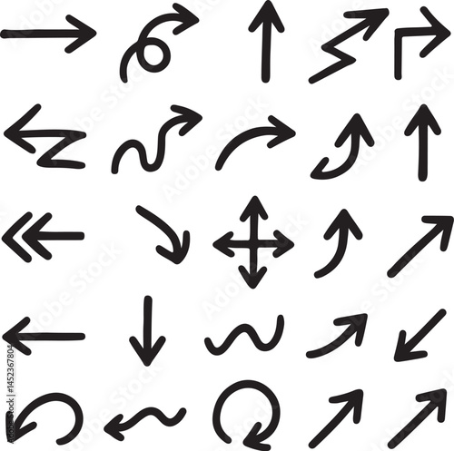 Hand drawn arrow icons set with curved, wavy, and directional arrows vector art illustration.