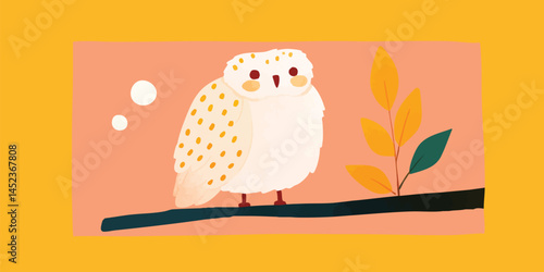 An adorable cartoon owl sits perched on a branch, showcasing its charming features and innocence with its soft, inviting demeanor.