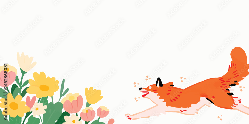 Obraz premium A playful fox in vibrant orange and red bursts through a field of blooming spring flowers, capturing the joy of nature's awakening.