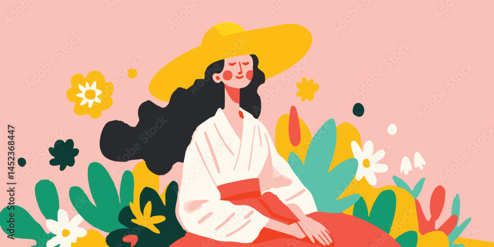 A serene woman adorned in a sunhat, basking in the soft glow of a radiant day amidst a vibrant floral garden, embodying the tranquility of leisure and the allure of nature. A serene woman adorned in a sunhat, basking in the soft glow of a radiant day amidst a vibrant floral garden, embodying the tranquility of leisure and the allure of nature.