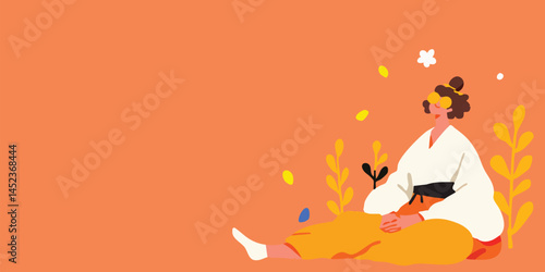 A serene illustration of a woman, enveloped in traditional attire, immersed in contemplation. Bathed in warm, inviting hues, the image embodies tranquility and introspection.