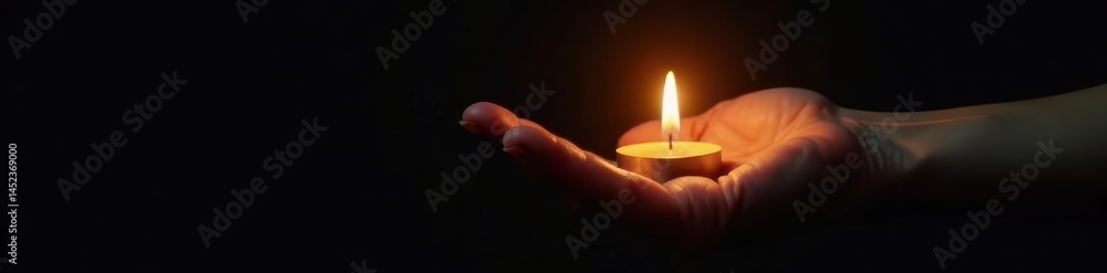 Close-up, hand holding burning candle flame against black , glow, wick, graphic Close-up, hand holding burning candle flame against black , glow, wick, graphic