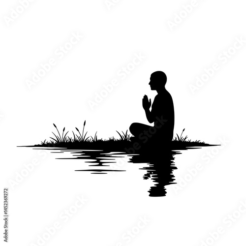 Person Meditating by Water Reflection Silhouette Vector
