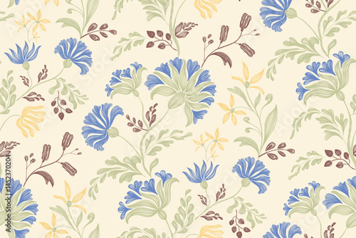 Blue floral pattern vintage ethnic modern tapestry embroidery texture boho design vector illustration hand drawn silhouette indigo flower motif branches leaves wallpaper seamless background border.