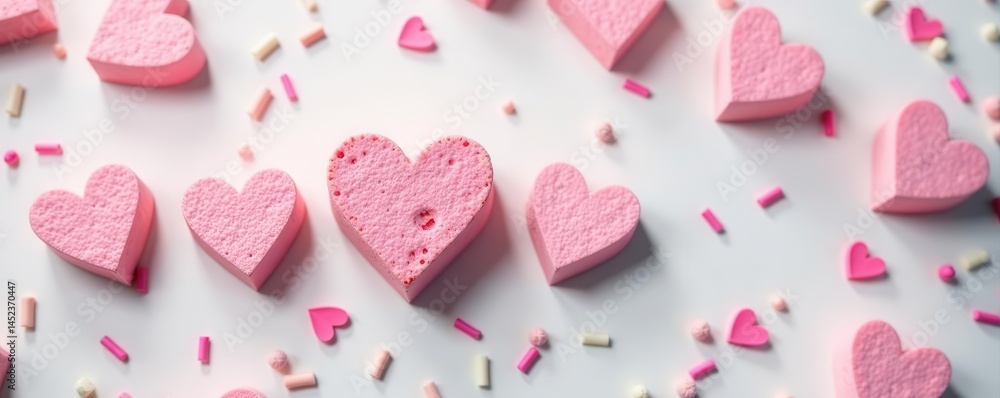 Fototapeta premium Heart shaped marshmallow, pink candles, sprinkles White background, top view Romantic setting , hearts, holiday
