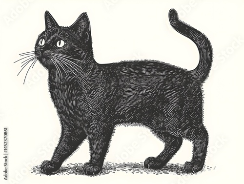A detailed illustration of a sleek black cat standing alertly, its tail elegantly curved upward, against a clean white background.