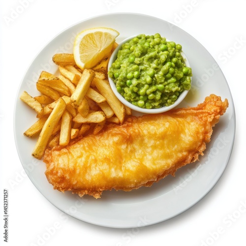 Fish and chips with mushy peas isolated on white background