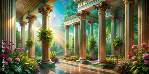 Obraz na płótnie Roman Garden Room Double Exposure: Green Flowers & Columns - Banner Background w salonie
