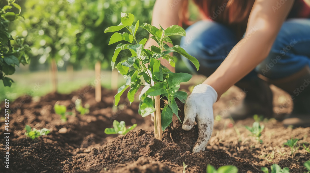 Fototapeta premium Volunteer planting trees in a local garden to support food security and biodiversity.
