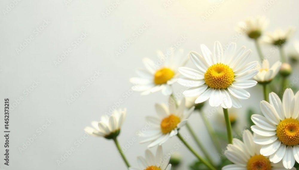 Sun-dappled chamomile blossoms, subtle white backdrop , artwork, spring, pattern Sun-dappled chamomile blossoms, subtle white backdrop , artwork, spring, pattern