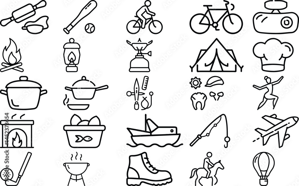 Obraz premium Outdoor and Adventure Icons Collection - Editable Vector Icons for Sports, Camping, and Cooking