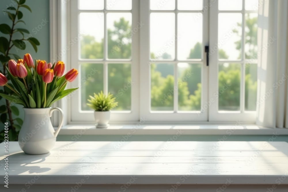 White wood table, large spring window, ample copy space , texture, background White wood table, large spring window, ample copy space , texture, background