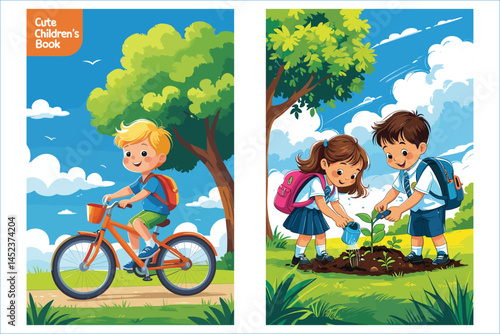 Cartoon Children Enjoying Outdoor Activities Biking And Planting Trees Together Illustration