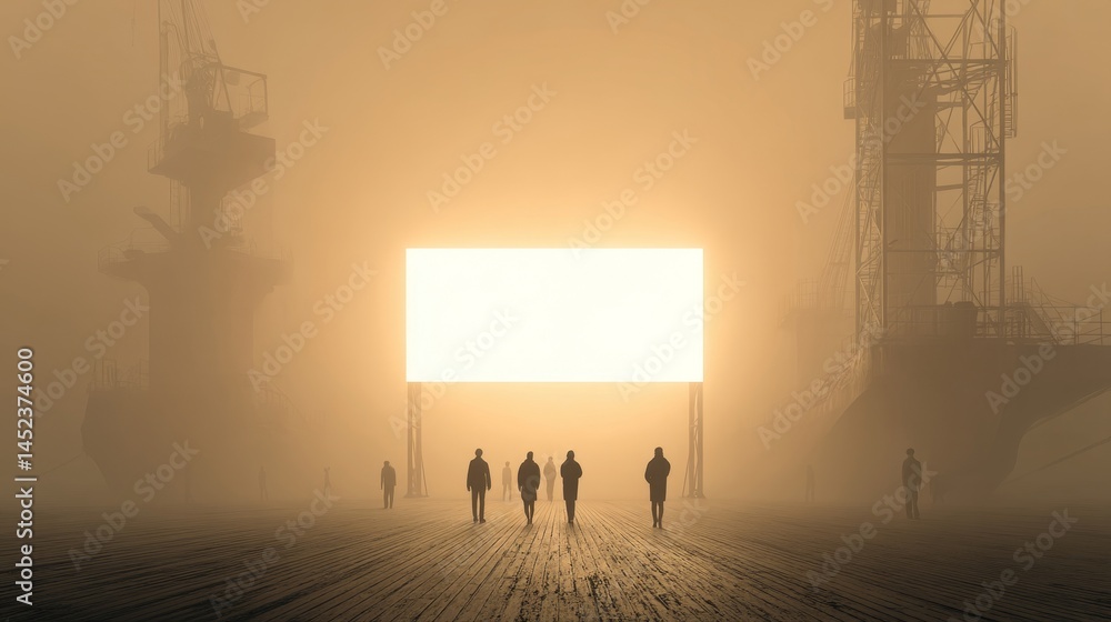 Naklejka premium People Walking in Foggy Environment Near Bright Empty Billboards