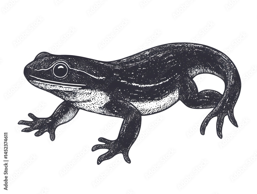 Naklejka premium A detailed hand-drawn illustration of a sleek black lizard with textured skin and clawed feet is showcased against a stark white background.