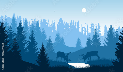Vector forested landscape with two moose drinking from a pond in blue colors.