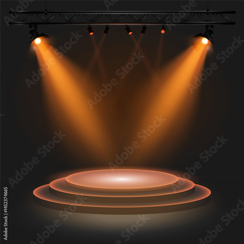 3D round podium illuminated by stage spotlights with orange light on a dark background highlighting the central platform. Suitable for visualization of presentations, awards. Vector illustration EPS10