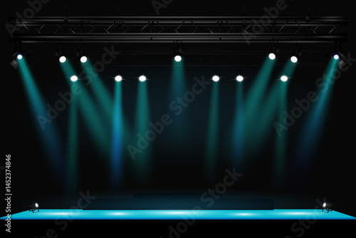 Professionally lit stage on a dark background. A truss with spotlights is installed on top. Suitable for visualization of concerts, theater productions, presentations. EPS10 vector illustration.