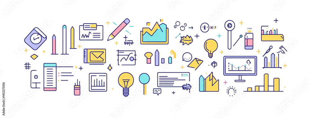 Set of vector icons, charts, and graphs in a flat design style on a white background Set of vector icons, charts, and graphs in a flat design style on a white background