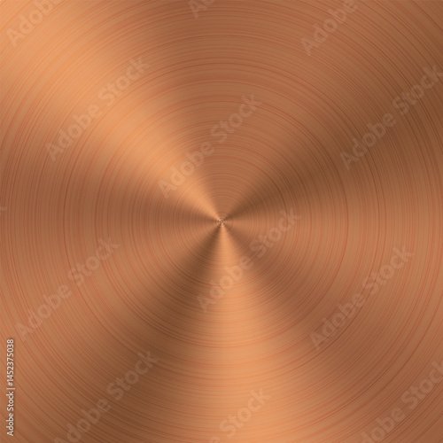 Copper holographic metal gradient. Brown radial circle finish background. Brushed bronze surface texture. Round scratch foil vector. Shiny plate structure circular pattern material. Brass plaque badge