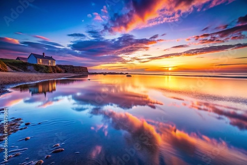 Serene English Coastline Sunset: Smooth Reflective Ocean Waters at Dusk, Abandoned Shore