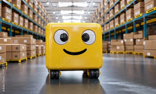 Smiling robotic cart navigates bustling warehouse with boxed goods