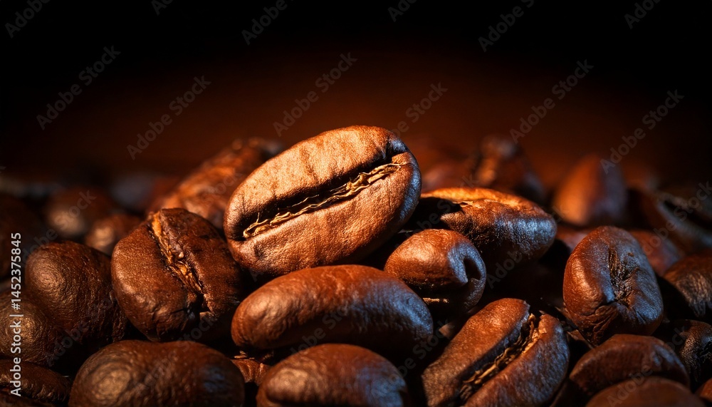 Primer plano de granos de café sobre fondo oscuro Primer plano de granos de café sobre fondo oscuro