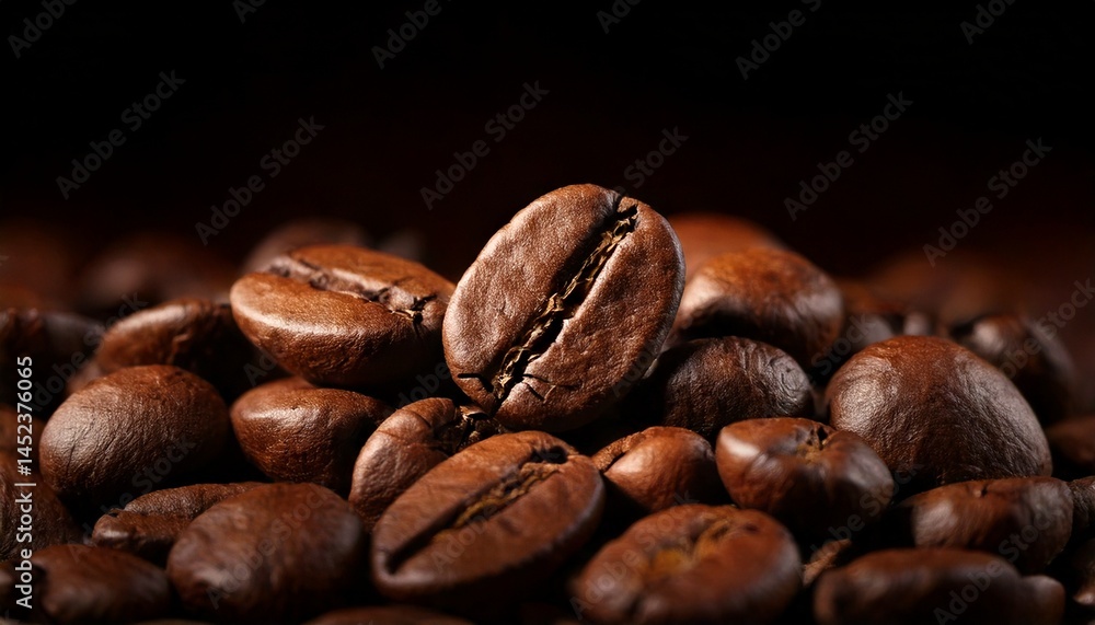 Naklejka premium Primer plano de granos de café sobre fondo oscuro