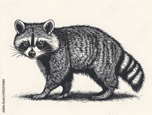 Detailed monochrome illustration of a curious raccoon standing alertly, showcasing its distinctive markings and bushy tail in an artistic engraving