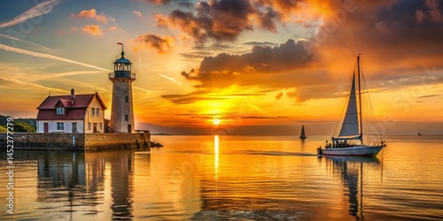 Serene Sunset: Lighthouse, Boat, and Coastal Village at Dusk