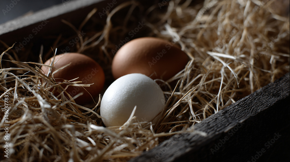 A close up of four eggs two brown and two snowy direct in a wooden box with straw. A close up of four eggs two brown and two snowy direct in a wooden box with straw.
