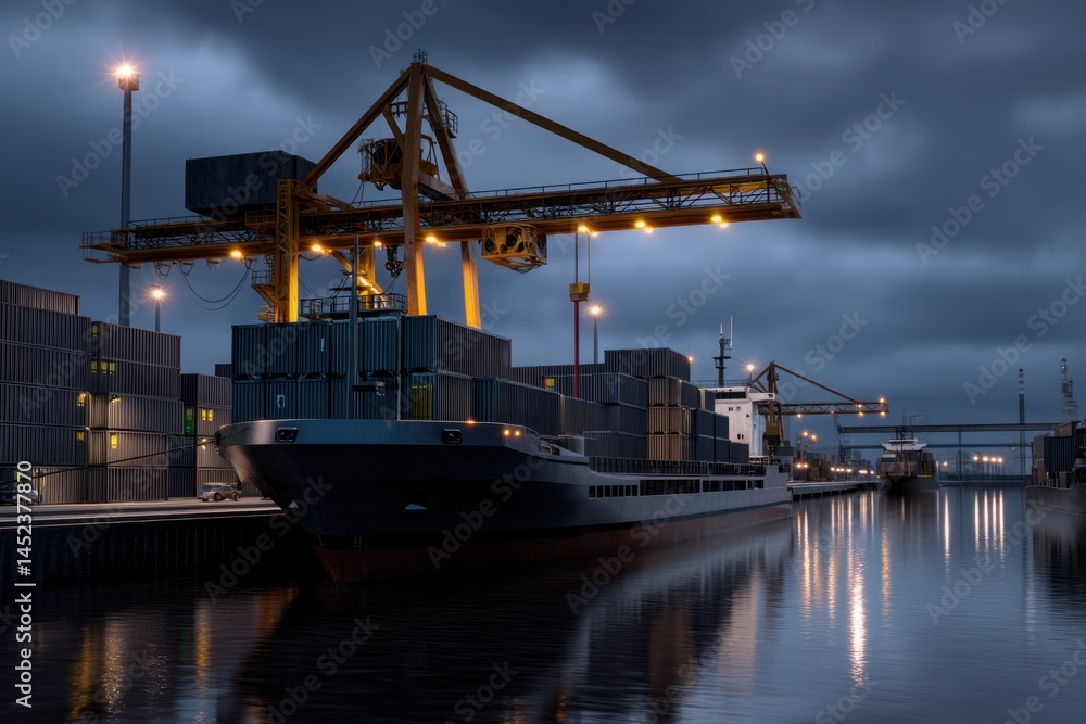 Obraz premium Cargo Ship Docks at Night, Container Vessel Arrives at Port, Crane Unloads Goods Efficiently under Twilight Sky.