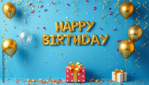 Blue background, gold foil balloons, confetti, presents, happy birthday,  card,  celebration